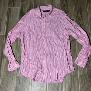 Ralph Lauren Shirt Mens XL 100% Linen Pink White Striped Long Sleeve Button Up